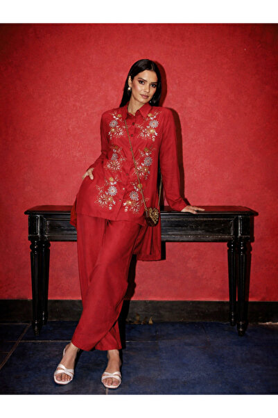 Sassafras By Styli Red Embroidered Hi-Low Shirt and Balloon Pants Co-ord Set