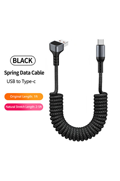 Choice11 1.5m Black UD A-C Elbow Coiled USB A to USB C Cable for Car,Retracta...