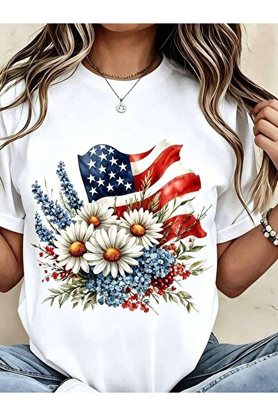 23ERVA Plus Size Women's American Flag Floral Print T-Shirt, Casual Short Sle...
