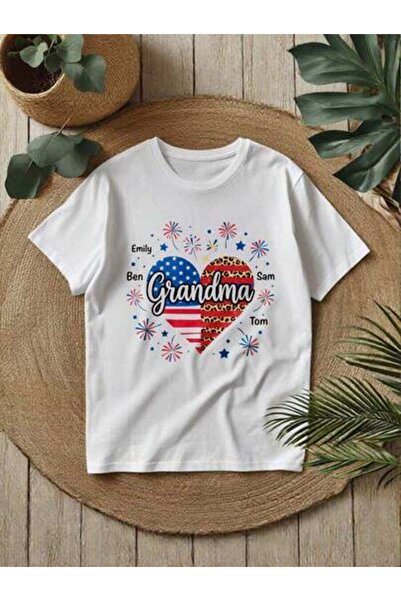 23ERVA Women's Patriotic Heart T-Shirt - Grandma And Grandkids Matching Outfi...