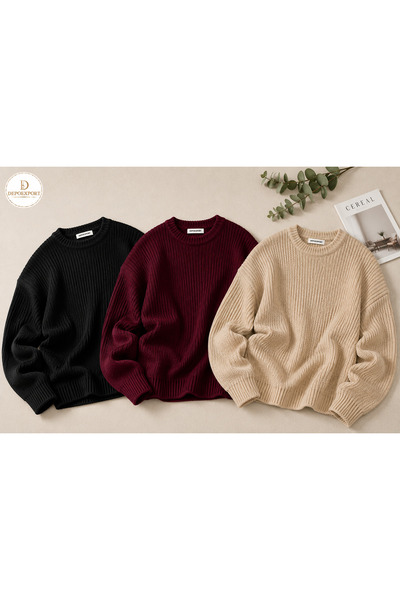 DepoExport Women's 3-Piece Crew Neck Oversize Knitwear Sweater Soft Knitted S...
