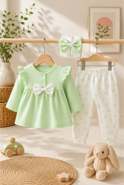 LITTLE&CO Kız Bebek 3-9 Ay Kalp Desenli Fırfırlı Elbise ve Pantolonlu 3'lü Ta...