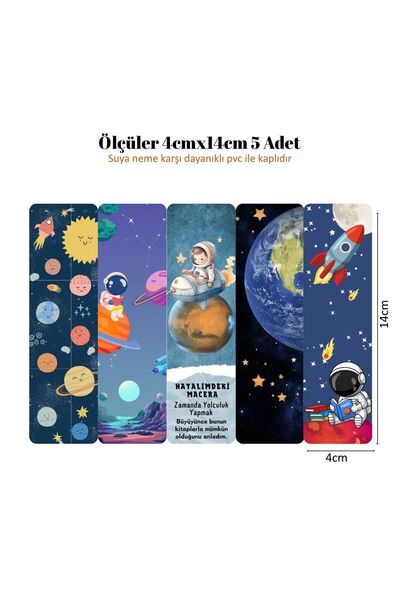 Seçkin Trend 5'li Uzay Temalı Kitap Ayracı Seti-No-6, 4x14cm, Su ve Neme Karşı Dayanıklı Laminasyon-Kaplama