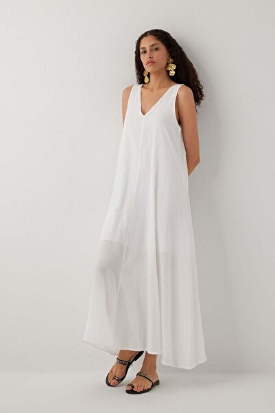 The Lorıen Atelıer Solea Sleeveless V-Neck Double Layered Cotton Long Dress