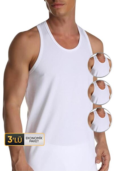 Çift Kaplan Erkek Elastanlı Spor Beyaz Atlet 0916 3'lü Paket