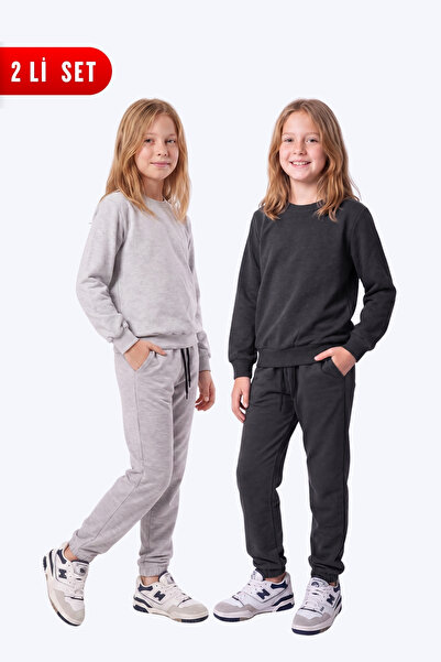 FYK KİDS Girl's 2-Piece Plain Crew Neck Double Pocket Tracksuit Set