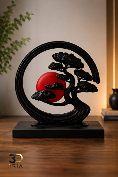 3DOria Dekoratif Bonsai Ağaç Figürü – Japon Zen Ağacı Biblo, Kırmızı Güneş De...