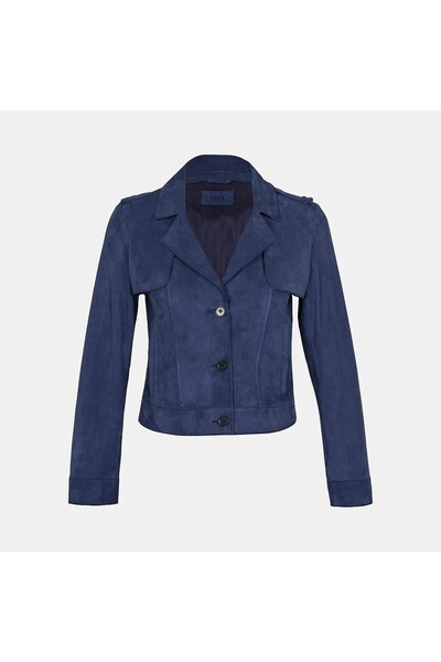Desa Women's Navy Blue Shirt Collar Buttoned Short Suede Jacket