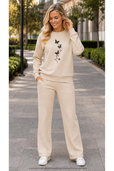 TREND EMMODA Women's Ivy Detailed Butterfly Printed Tracksuit Set/Round Neck ...