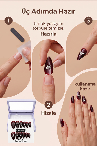 MUJGAN 12’li Takma Tırnak Seti Nail Art Desenli Parlak Görünüm Bordo Renk
