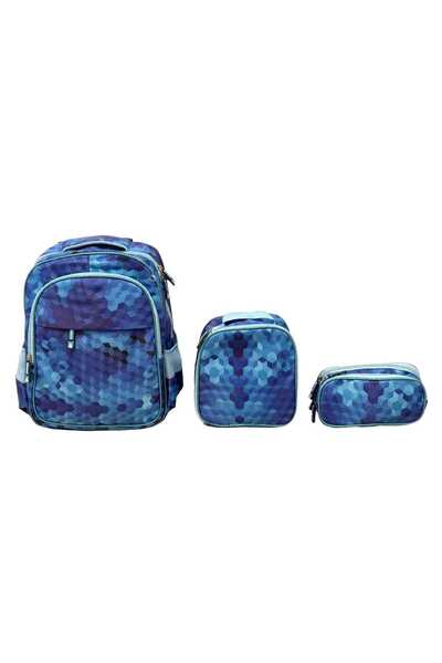 Generic Brand Set Școlar 3 Piese cu Imprimeu Geometric 3D Albastru – Ghiozdan...
