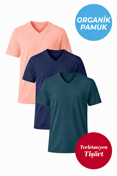 UNIQVIBE 3-Pack Organic Cotton Men's Short Sleeve V-Neck T-Shirt (Salmon - Na...
