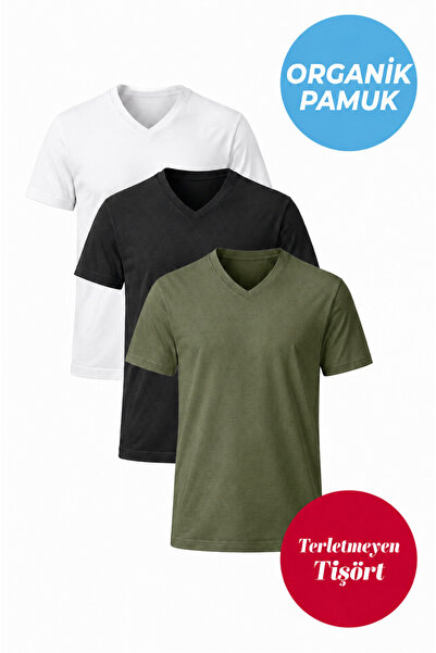 UNIQVIBE 3-Pack Organic Cotton Men's Short Sleeve V-Neck T-Shirt (White - Bla...