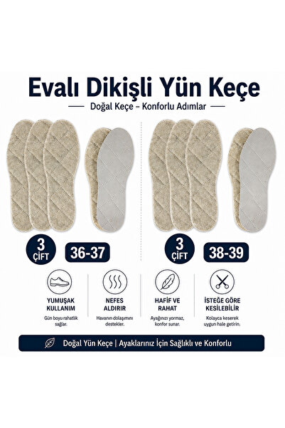 AiryFooT Yün Eva Tabanlı Dikişli Kışlık Ayakkabı ve Bot Tabanlığı 6 Çift Kadı...