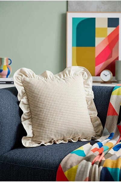 Rayda Home Sütlükahve Pötikare Fabric Ruffled Vintage Decorative Throw Pillow...
