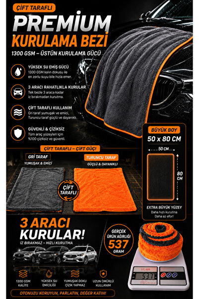 1300 GSM Vakum Oto Kurulama Bezi 50x80 cm Çift Taraflı Premium Mikrofiber 3 Araç Kurulama Havlusu