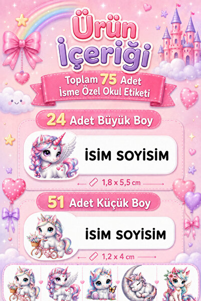 cabuk baskı Kız Çocuk İsme Özel Okul Etiketi 75 Adet Unicorn Temalı Defter Ki...