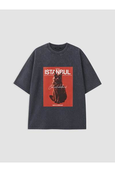 LC Waikiki Anthracite Istanbul Printed 100% Cotton Women's T-Shirt