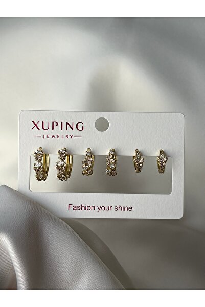 Xuping 14K Gold Renginde Taşlı 3 Çift (6adet) Kararmaz Kadın Halka Küpe (Kıkırdak + Lobe Kombini)