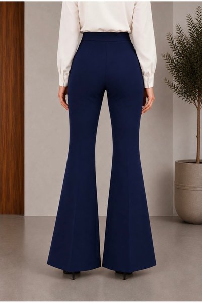 Heyya Women's Spanish Flare Navy Blue Fabric Trousers