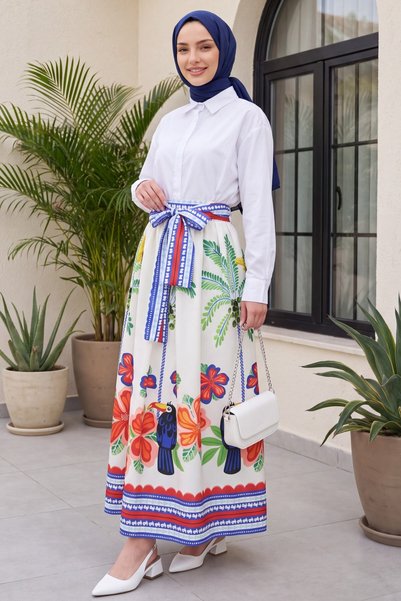 HİJABAYA Fusta maxi cu model, confortabilă, tropicală, cu talie elastică și curea în talie - Ecru