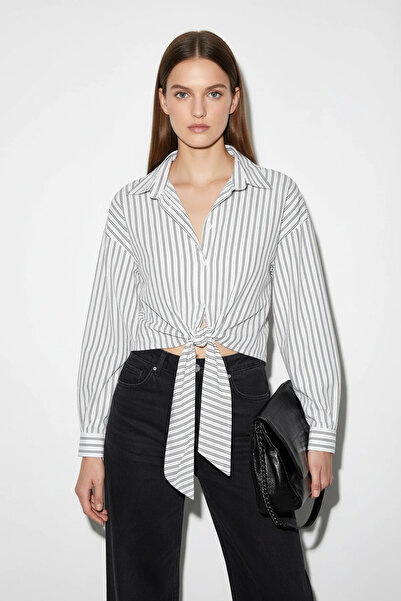 Efnaz style Women's Striped Oversized Shirt with Tie Detail White Black