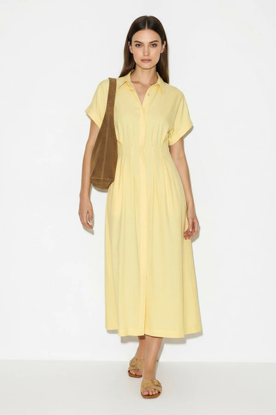Efnaz style Women's Buttoned Pocket Detailed Waist-Slit Midi Yellow Dress