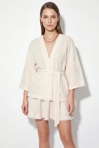 Şeker Portakalım Women's Cotton Zigzag Patterned Kimono Blouse Layered Mini C...
