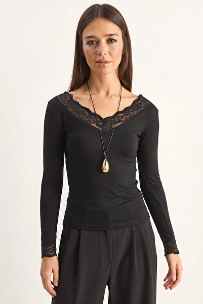 Şeker Portakalım Women's V-Neck Lace Detailed Long Sleeve Combed Cotton Black...
