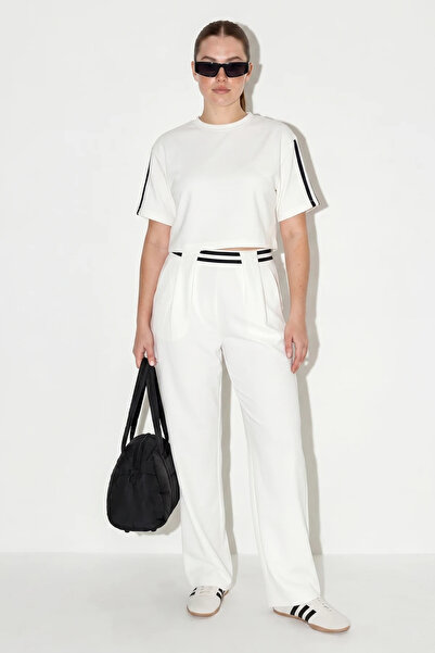 Şeker Portakalım Women's Stripe Detailed Crop Blouse High Waist Modal White Set