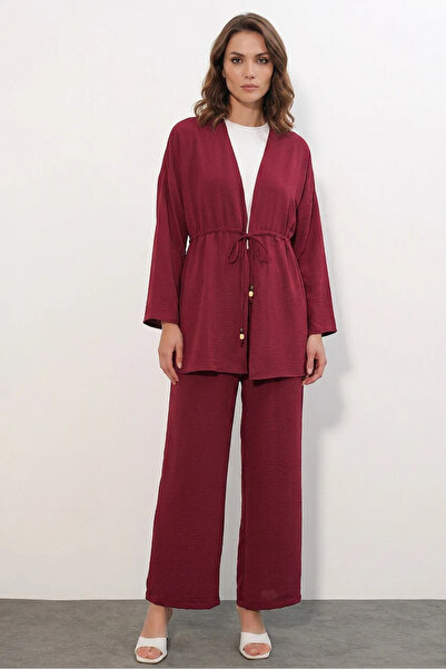 Efnaz style Women's V-Neck Gathered Waist Burgundy Suit
