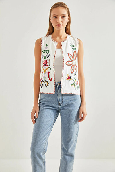Generic Brand Women's Embroidered Lined Vest White Red