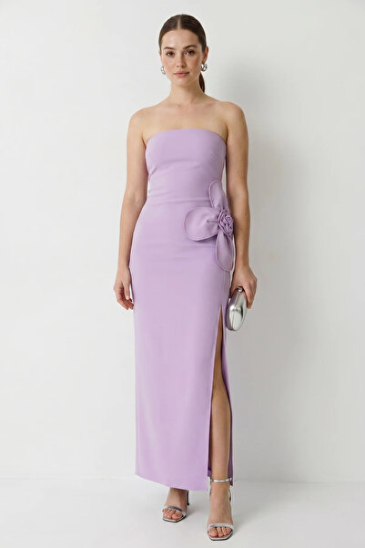 Efnaz style Women's Strapless Maxi Lilac Dress with Floral Accessories and Sl...