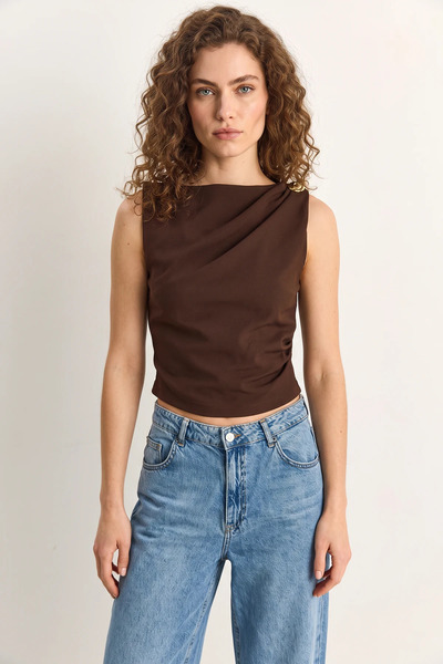 Efnaz style Women's Bitter Brown Blouse with Metal Accessories, Drape Detail,...