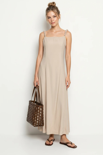 Efnaz style Women's Beaded Strap Detailed Square Neck Maxi Beige Dress