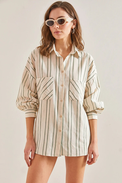 Şeker Portakalım Women's Striped Double Pocket Linen Beige Green Shirt
