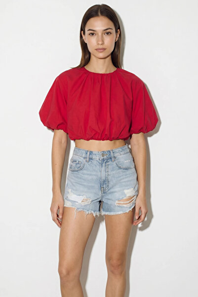 Generic Brand Women's Crew Neck Poplin Red Blouse