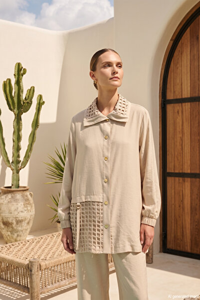 Nuss Mesh Detailed Top and Trousers Set 1068 Beach Beige