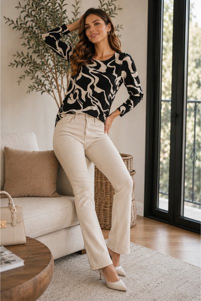 MEGHAN L.A Women's Black Beige Abstract Patterned Crew Neck Long Sleeve Stretch Fabric Blouse
