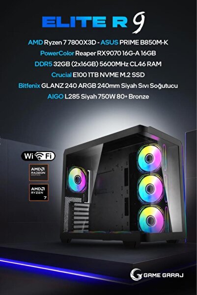Game Garaj Elite R9 AMD R7 7800X3D RX9070 32GB RAM 1TB SSD 240mm Sıvı Soğt Fr...