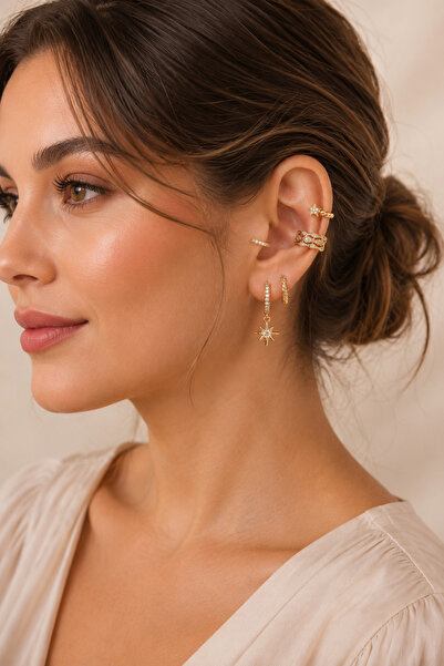 Sacce Scarves&Accessories 5 Parça 14K Gold Kulak Kombin Seti Zirkon Taşlı Küpe ve Earcuff