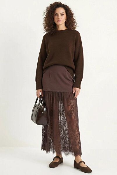 Efnaz style Women's Lace Detailed Layered Brown Skirt