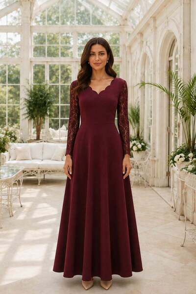 Mossta Wavy V-Neck Lace Long Crepe Dress - Burgundy