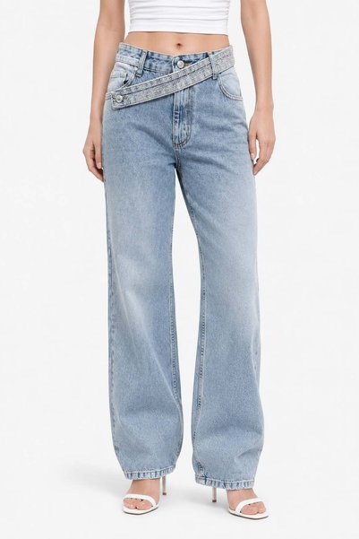 HAKKE PANTALONI din denim cu talie înaltă și croială dreaptă, cu aspect uzat