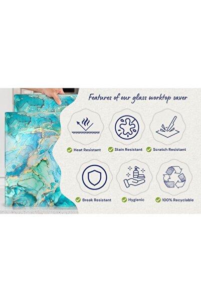MODERN Kitchenville Glass Cutting Board 16"x12": Tempered Glass Kitchen Counter Protector - Durable- Scratch-Resistant, Heat-Proof - Design 9 - Teal Ocean