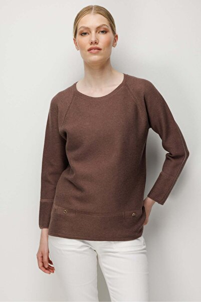 Desen Triko Women's Crew Neck Seamless Sweater V.Kahve