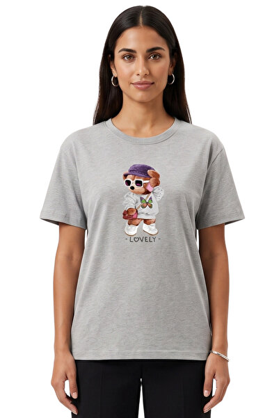 DK DAKSEL Tricou de damă gri cu imprimeu Lovely Teddy Bear, 100% bumbac, croi...