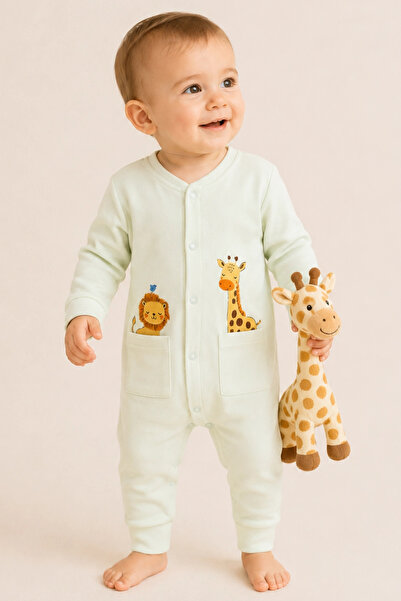 Divonette Unisex Baby Cute Giraffe and Lion Patterned Green Snap-On Jumpsuit