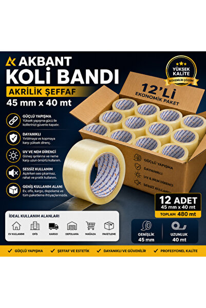 (12 ADET) Profesyonel Şeffaf Koli Bandı 45 mm x 40 Metre Akrilik Paketleme Bandı Güçlü Yapışkan EKONOMİK PAKET