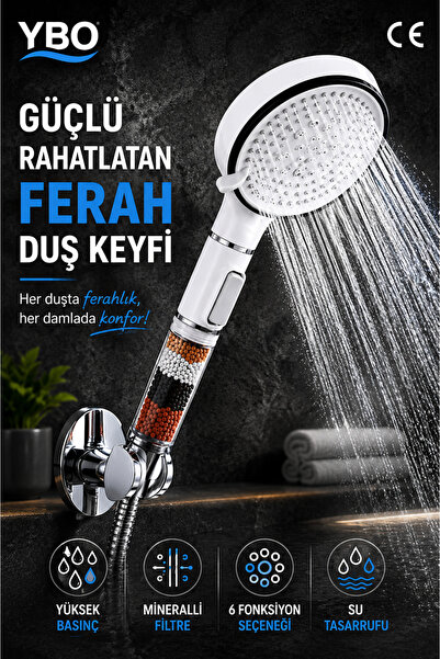 YBO 5 Fonksiyonlu Stop Butonlu Mineralli Filtreli Duş Başlığı | Klor ve Kireç...